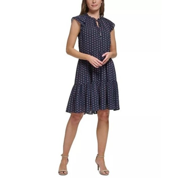 129$ Tommy Hilfiger Bella Floral Flutter-Sleeves Shift Dress Size 8 Navy Blue - Picture 1 of 4